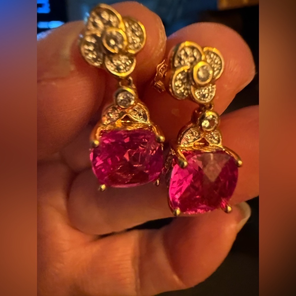 Vintage Pink topaz and CZ gold over 925 Pierced ear earrings